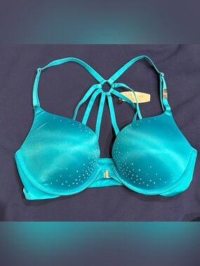 Victoria's Secret Teal Satin Strappy Push-Up Bra with Rhinestones